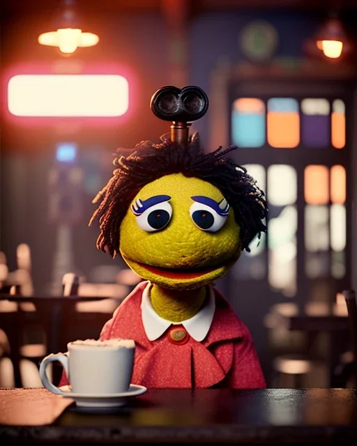 Pub scene, hybrid character, waitress woman with monster muppet mask that covers her entire head, retro style, Sesame Street style, smooth, unreal engine 5, god lights, ray tracing, RTX, lumen lighting, ultra detail, volumetric lighting, 3d.