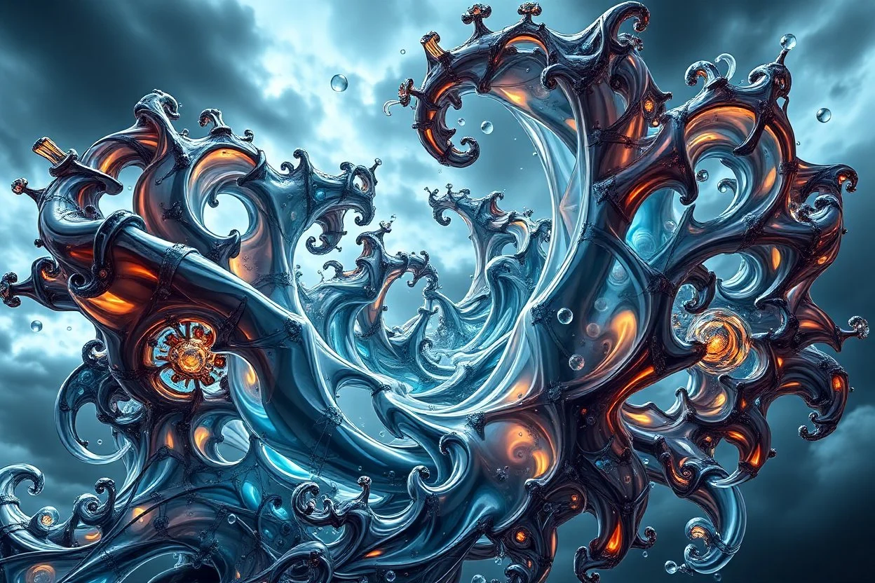 Dynamic complex hypnotic fractal 3D structures twisting and morphing between organic and geometric forms with Symmetry, smooth translucent iridescent glass with inner glow and bubbles, varied transparent materials, stormy skies, intense dramatic