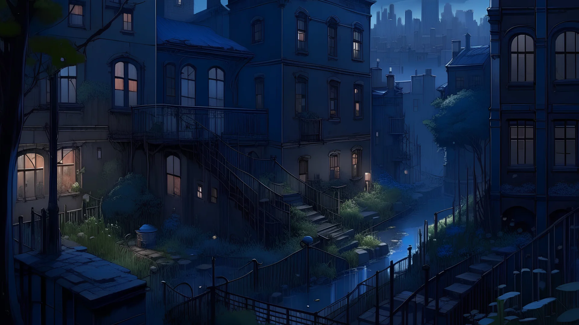 between two 19th-century brooklyn brownstone buildings, a surreal small twilight creek-garden, rose-brambles, candle-birds, tiny mystery-magic, serene overcast atmosphere, midnight-blue, blue-black, royal-blue, navy-blue, cel-shading, cinematic, edge-to-edge print, rendered by studio ghibli, alyssa monks, andreas rocha, david kassan, neil blevins, tuomas korpi, artgerm