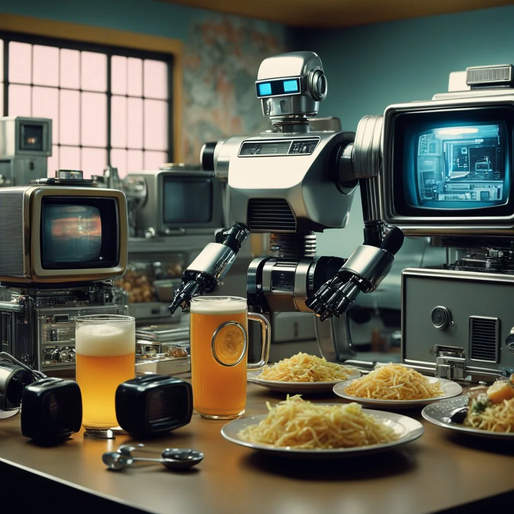 In a whirlwind of retro nostalgia, a 90s food television advertisement unfolds with a surreal twist. Picture this: a robot resembling a Terminator T600, holding a beer in one metallic hand and a rifle in the other, surrounded by a multitude of retro TV sets flickering with static. The scene is a chaotic blend of futuristic tech and vintage aesthetics. Amidst the sea of TV sets, the Terminator robot finds itself in the company of Japanese agent provocateur model women, each one exuding an alluri