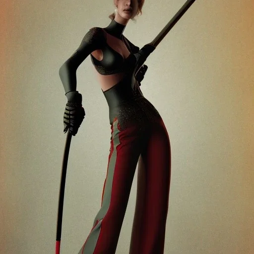 a tall slender woman holding a hockey stick and a fly swatter