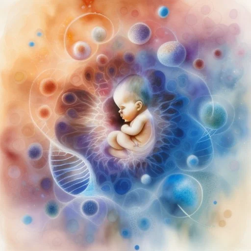 Inspiration from Nomeradona On Playground Life begins. Quantum Serenity: A watercolor depiction of the conception of a baby, illustrating the interplay of microscopic quantum particles and DNA at the molecular level, embodying calmness in action.”