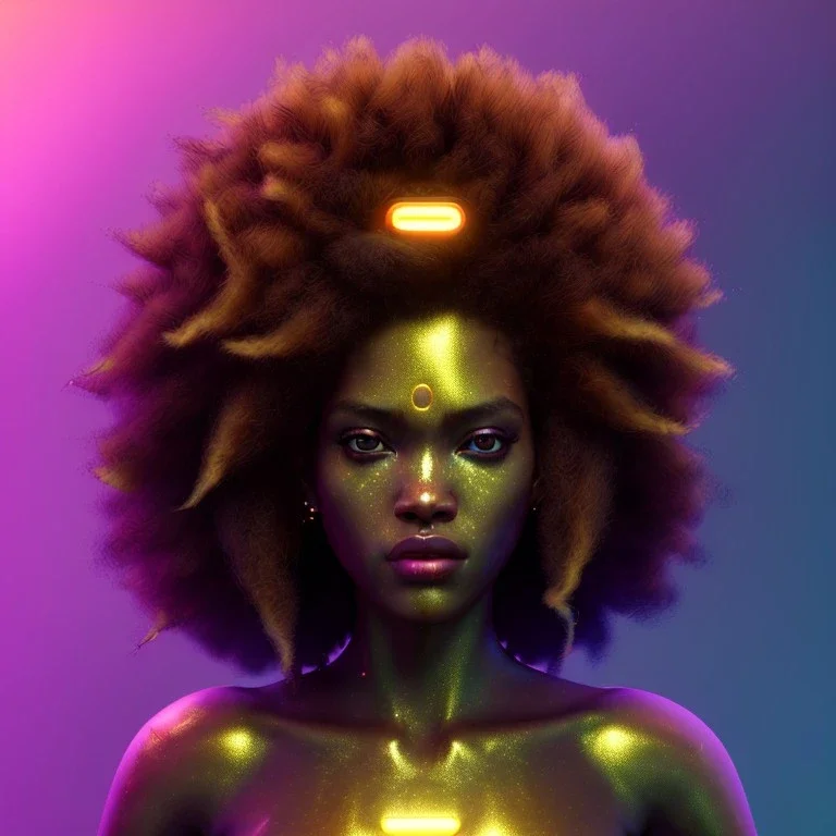 Pretty cyber woman, afro hair, sci-fi, rounded face, black, gold, brown, samurai style, retro, simetric, neon style, a lot of led lights, fog, rain, leather, vibrant color, highly detailed, art stations, concept art, smooth, unreal engine 5, god rays, ray tracing, RTX, lumen lighting, ultra detail, volumetric lighting, 3d, finely drawn, high definition, high resolution.