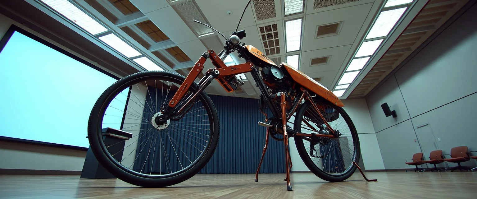 pinhole cam, airbrush 3d rendering, on tv screen:A five-second cinematic single take in a clean industrial presentation hall. A bizarre mechanically plausible bicycle machine stands beside a presentation podium, designed to look like a giant mechanical praying mantis. Two large bicycle wheels form its main body and four thin articulated mechanical legs support it. Two long folded mechanical front arms resemble mantis forelegs