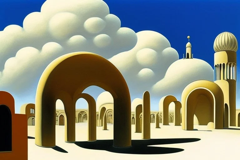 A surreal town with arches and domes, clouds and with long shadows by artist "Berndnaut" and "Leonora Carrington" and "de Chirico"