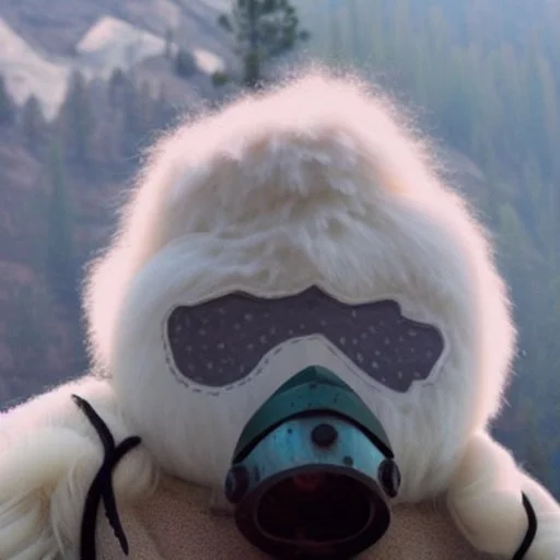 Yeti in a mask, background = (wildfires, mountains, fires, smoke, disaster)