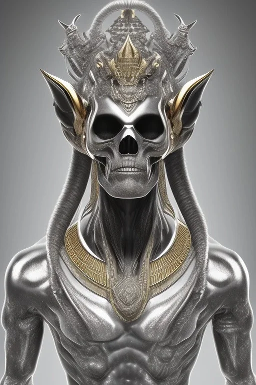 shiny black male African Egyptian alien, cracks in the voodoo head, wicked, eyes, crown, Elephant, 8k, finely detailed, photo realistic, tiger turquoise skull head gold dragon space alien snow skeleton gold hornytoad silver crown silver eyes