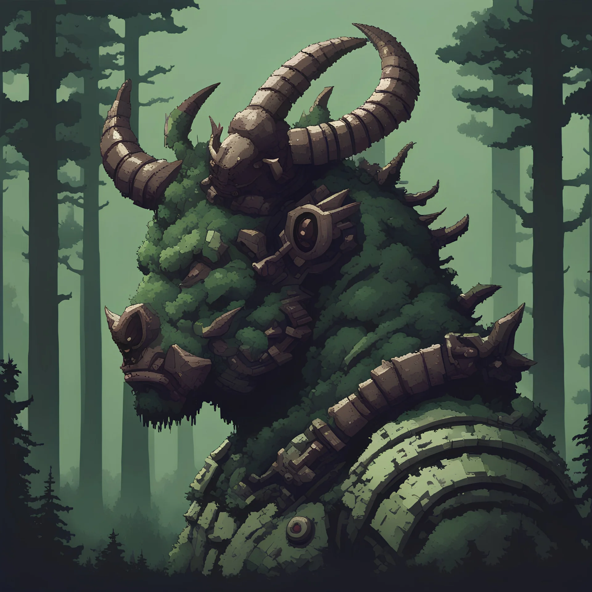 a horned manly beast, calm, darkish, armoured, gears, head photo, side pose, green forest background, retro pixel art