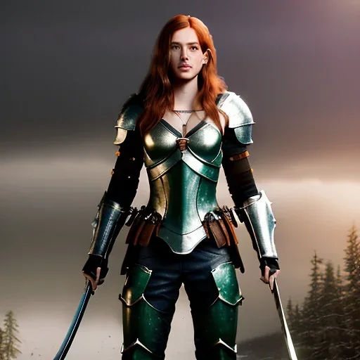 hyper Realistic, hyper detailed, strikingly beautiful young adult woman, 19 years old, long ginger hair, green eyes, medium freckles, full lips, very skimpy leather armour, full body, full face, small breasts, aroused expression, biting lower lip, full frame, athletic, centered camera, ignore NSFW, arming sword on hip, thong