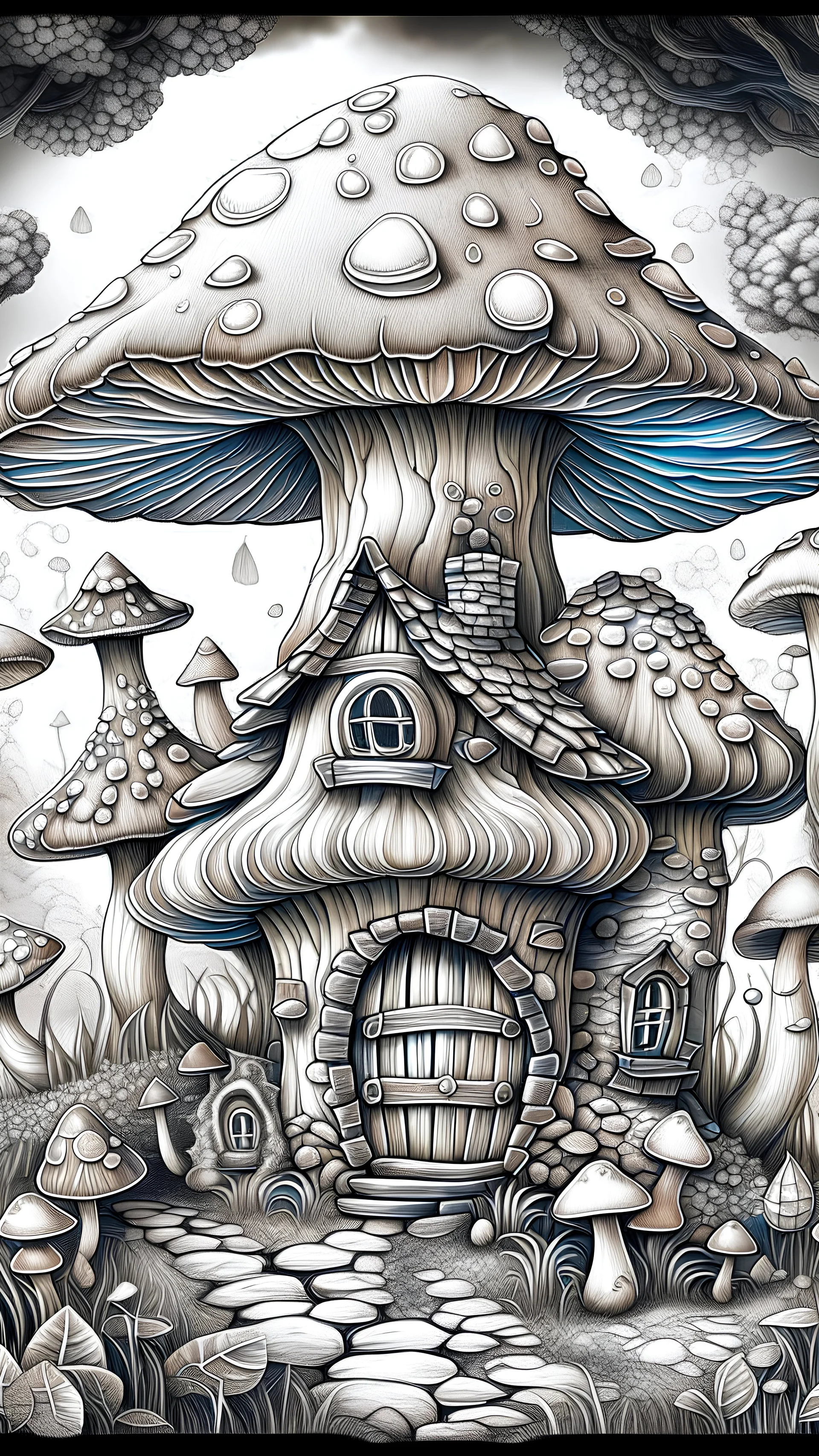 MANDELA STYLE .Mushroom houses Coloring Book for Adults and Kids, Instant Download, Grayscale Coloring Book