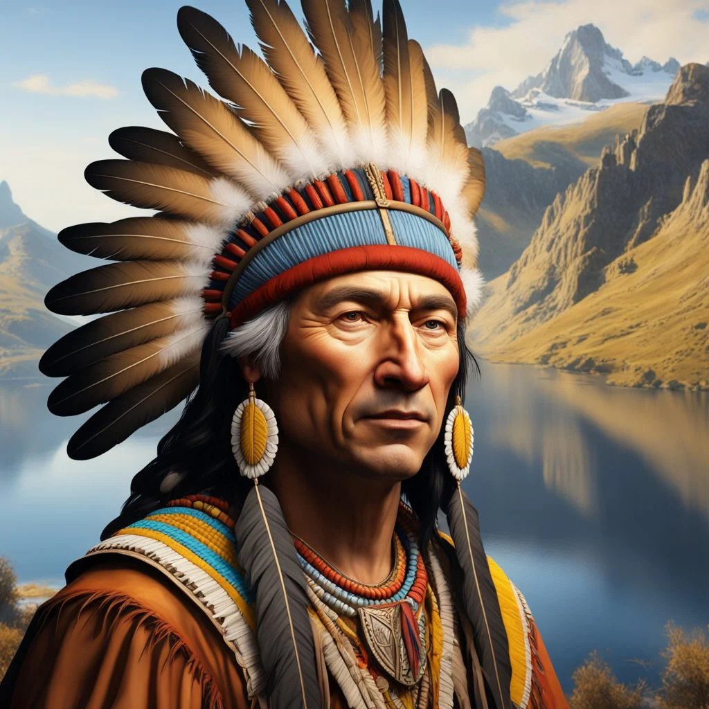 stunning 3D render of a painting in the style of Rembrandt featuring Winnetou, the chief of the Aachen tribe. Winnetou is depicted as a noble and wise leader, adorned with intricate feathers and a colorful headdress. The background portrays a vast, rugged landscape with a rocky mountain range and a serene lake, casting a warm golden glow. The overall atmosphere is a mix of both realism and dreamlike fantasy, reflecting Rembrandt's masterful use of light and shadow., illustration, 3d render, pain