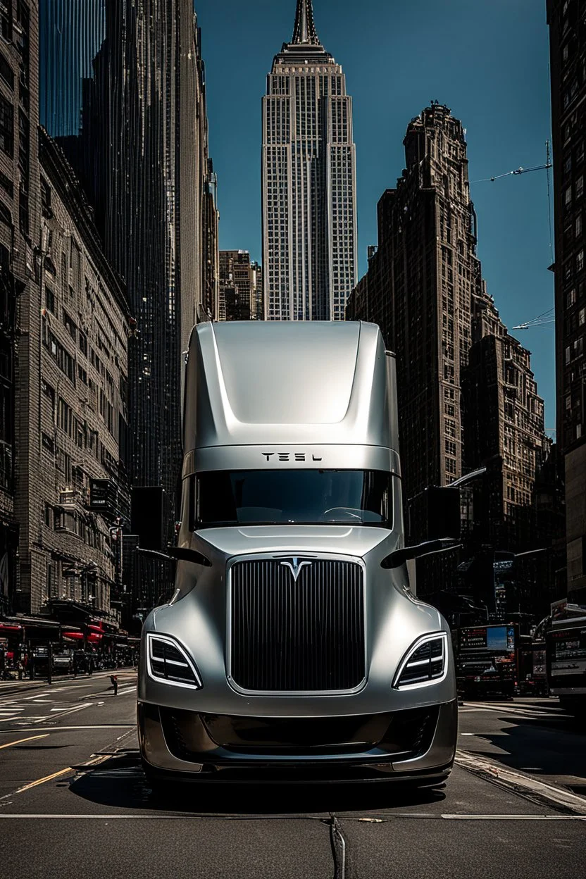 A Tesla semi-truck is parked, near the "Empire State Building' in New York. CINEMATIC. WIDE ANGLE LENS. PHOTO REAL.