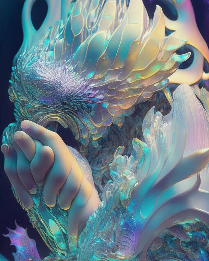 iridescent, scales, human hand, jades, textured, intricate, ornate, shadowed, pale muted colors, 3D, highly detailed, deco style, by Tim Burton, by Dale Chihuly, by Hsiao-Ron Cheng, by Cyril Rolando, by h. r. giger Boris Vallejo $plastic$ grid:true