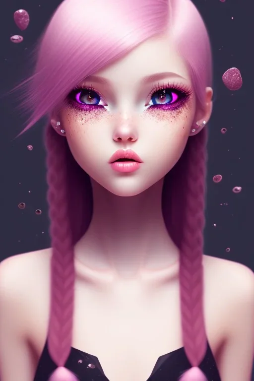 girl, cute, beautiful, headshot, pink hair, brown eyes, black clothes, long hair, eyeliner, long eyelashes, hot