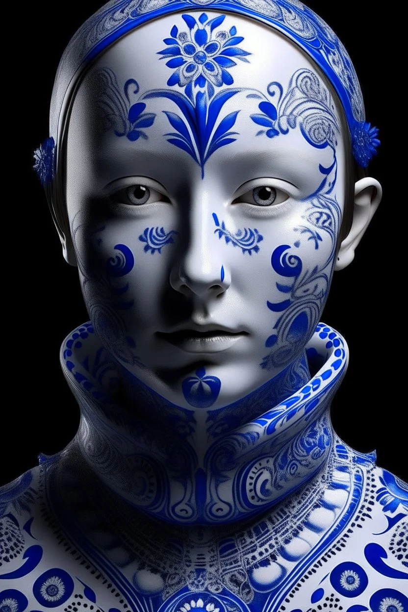 a woman made out of porcelain, in the style of balanced symmetry, white and blue, detailed facial features, organic forms, meticulous portraiture, complex patterns --ar 1:2 --stylize 350 --c 2 --v 6. 0