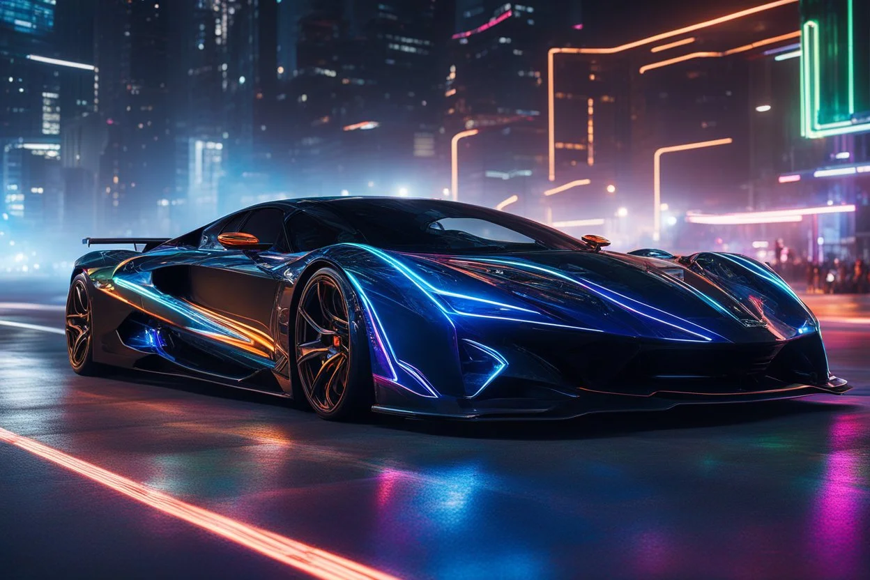 full length picture featuring a supercar adorned with intricate,futuristic technology elements. Enhance the coolness factor by incorporating sleek,neon lighting effects and a dynamic pose that suggests movement or energy. Include visually striking details that suggest advanced capabilities or intelligence,such as holographic interfaces or energy pulses.The color palette should be rich and vibrant to accentuate the high-tech aesthetic.Add cyberpunk elements