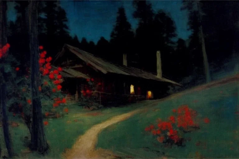 Night, cabin, pine trees, pathway, red flowers, theodore robinson impressionism painting