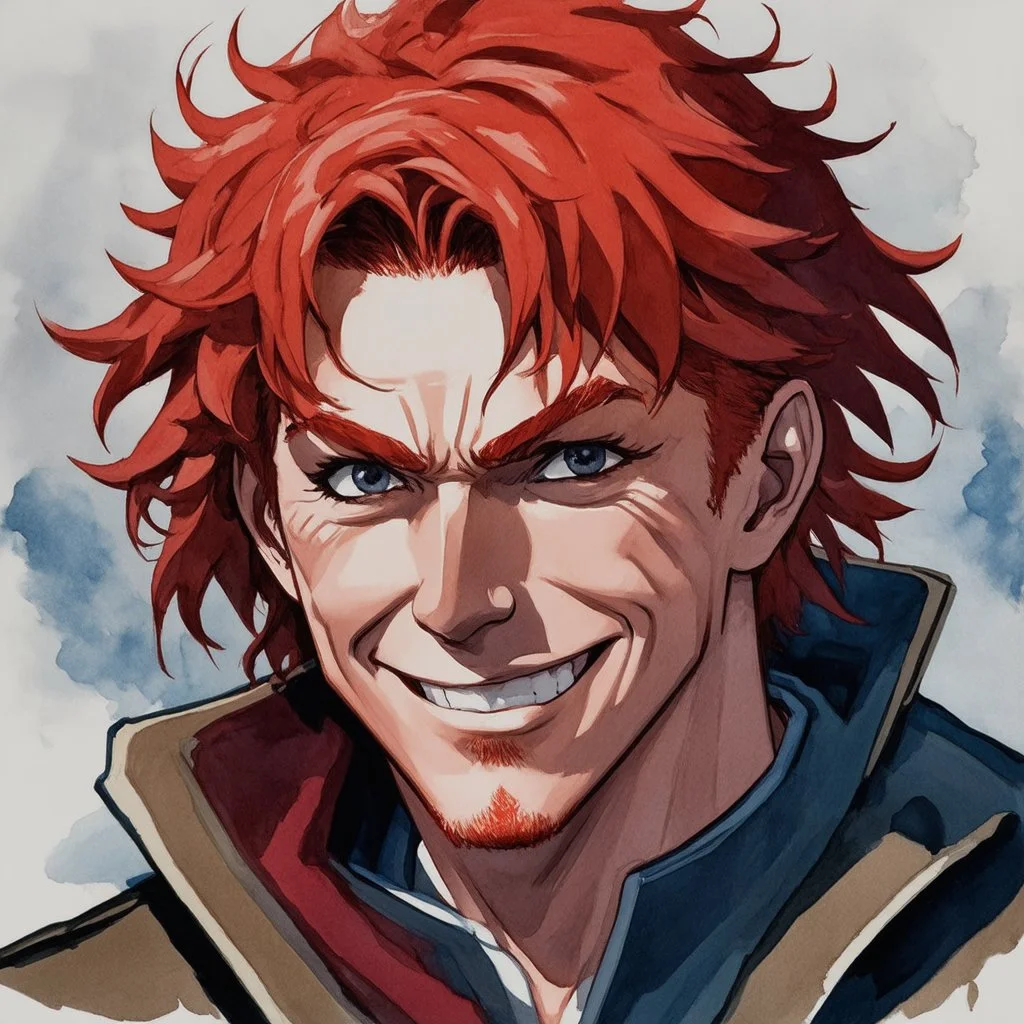 dnd, fantasy, watercolour, portrait, illustration, male, face, determined, happy, red hair, radiating light, stubble