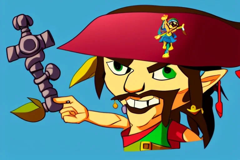 Cartoony and muscular Captain Jack Sparrow, showing his expensive wrist watch, Legend Of Zelda: Wind Waker style, stylized, colorful, adventurous.