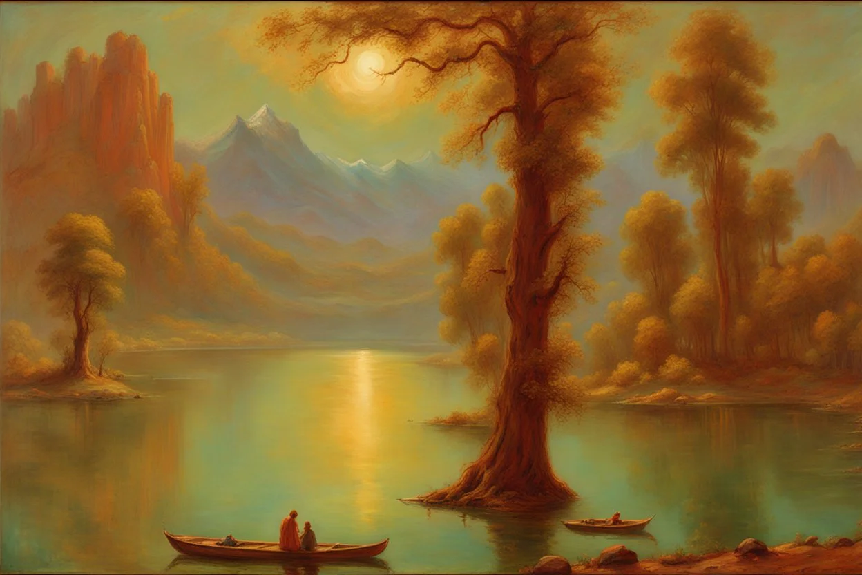 lake, trees, sci-fi, mountains, galactic cosmic influence, friedrich eckenfelder and hans am ende impressionism paintings