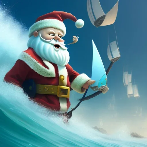 Santa surfing a big wave, surfboard, beach, character design by cory loftis, fenghua zhong, ryohei hase, ismail inceoglu and ruan jia. unreal engine 5, artistic lighting, highly detailed, photorealistic, fantasy