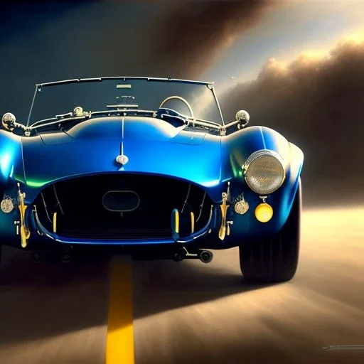 hyperrealism Drawing of 'Dark Blue AC Shelby Cobra 427' three quarter frontal aerial view, by gaston bussiere, greg rutkowski, yoji shinkawa, yoshitaka amano, tsutomu nihei, donato giancola, tim hildebrandt,oil on canvas, cinematic composition,Sharp detail,extreme detail,fit full head inside picture,16k