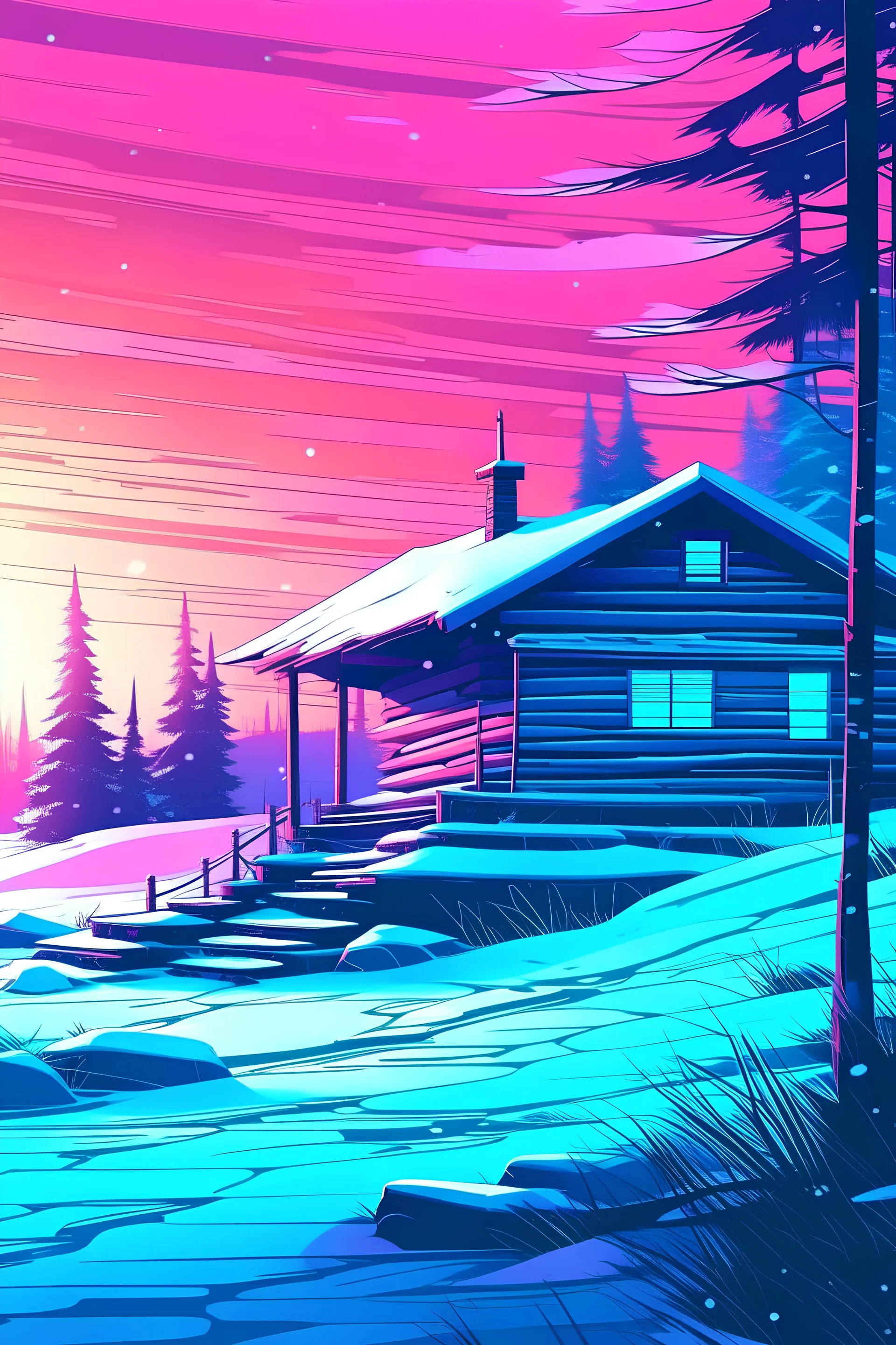 winter scene, abstract, vaporwave, cabin