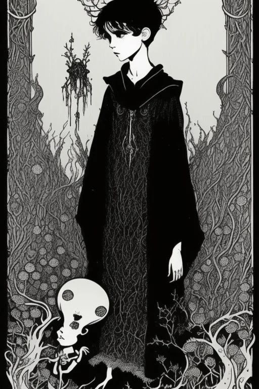 7 year old boy, necromancer, friendly, looks dead, with weird mushrooms growing out of him, wearing black robes, in the style of Harry Clarke