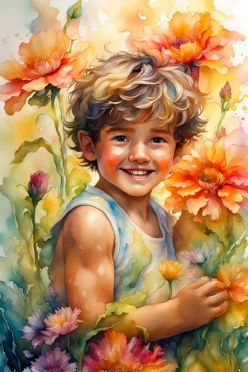 Summer flowers embraced by an alcohol ink splash, resembling Jody Bergsma's super realism infused with hyper-detailed Impressionism in 8K, a gold bar subtly nestled within the vibrant flora, a small, fluffy and slightly tanned boy exuding joy and happiness, all captured in watercolor, peaking in popularity on Artstation, photographed in a studio setting, sharp focus revealing intricate details of each