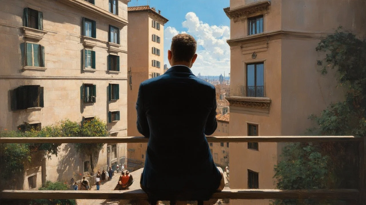 man is watching the city from the balcony painted by Caravaggio