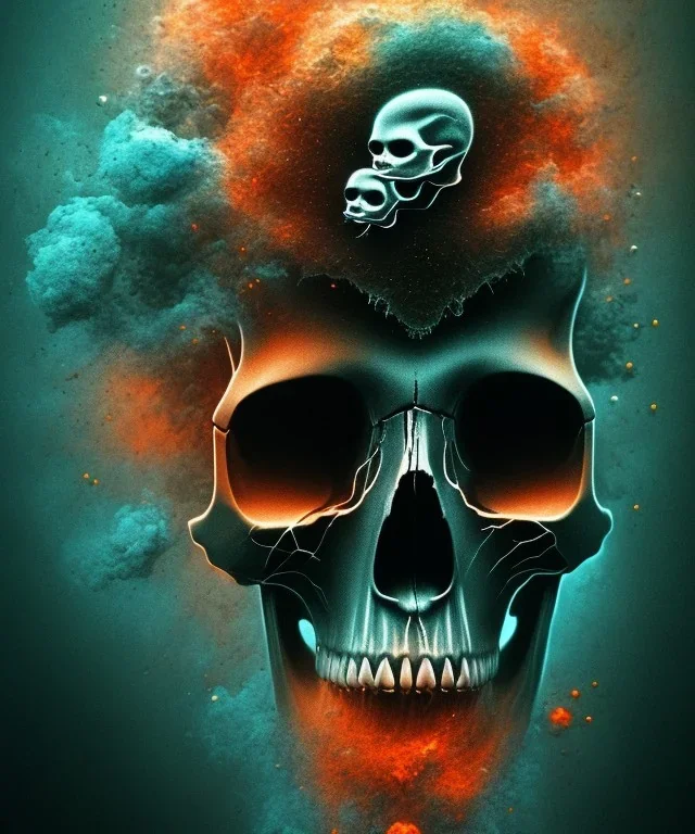 realistic skull. black background. smoke and explode. particles in air. teal and orange. watercolor and ink. abstract. beksinski.