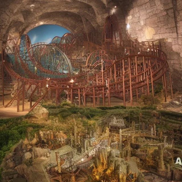 rollercoaster theme park inside of castle, hellscape, realistic, 8k, photo,