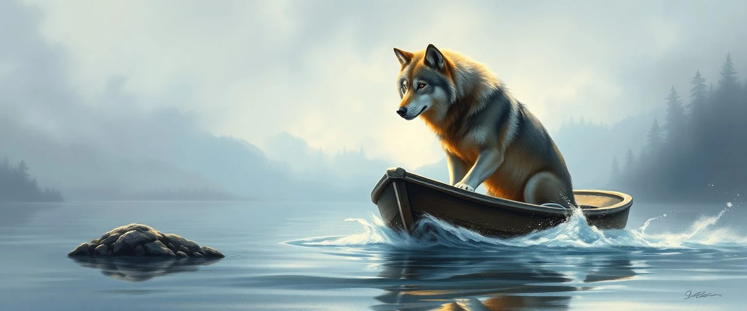 airbrush rendering, wolf is being rescued from boat in lake, business logo