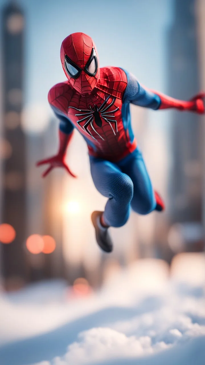 spider man jumping wearing ski and ski mask, bokeh like f/0.8, tilt-shift lens 8k, high detail, smooth render, down-light, unreal engine, prize winning