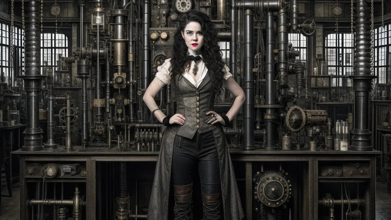 full-length portrait of a pale-faced woman with dark wavy shoulder-length hair, with detailed steampunk metal arms and legs, dressed like a Victorian, standing to one side in a laboratory full of small machines