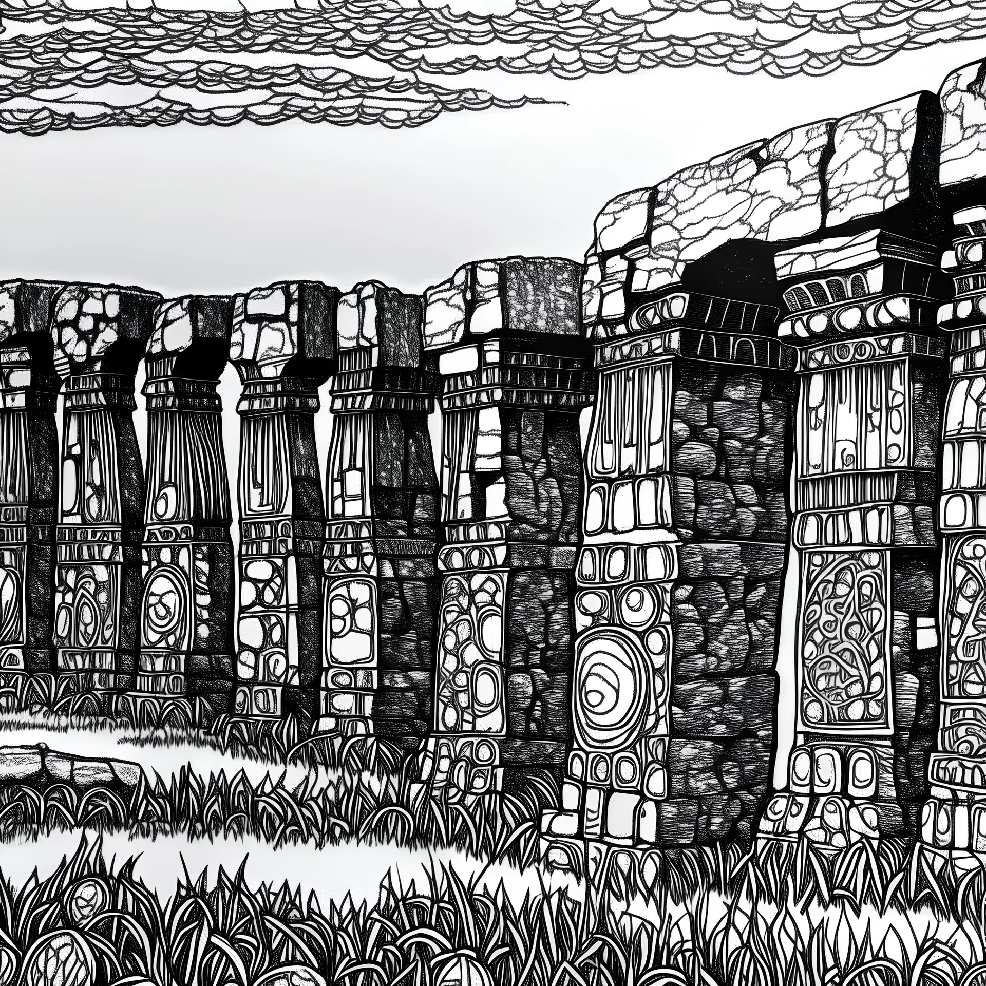 a coloring page with no shades textures thick outlines of the stonehenge , england