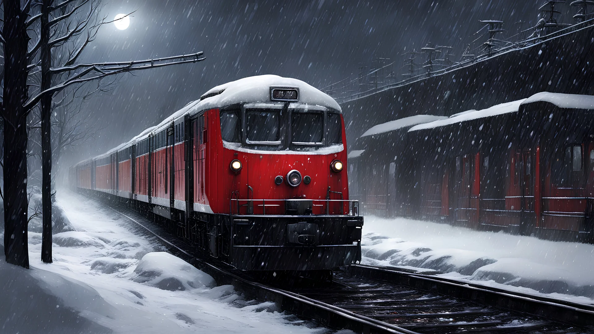 dark night, dark theme, heavy snowing, platform, red train, (masterpiece),((ultra-detailed)), (highly detailed CG illustration),(expressionless), (best quality:1.2), High quality texture, intricate details, detailed texture, High quality shadow, Cinematic Light, Depth of field, light source contrast, perspective,20s