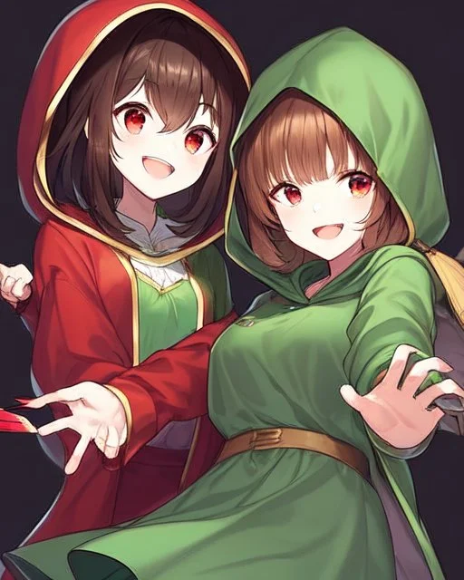 A character with short brown hair, red eyes who wears a green blouse open with its hood, holds a bright red knife, smiles madly, dark background Very dark and HQ Manga.