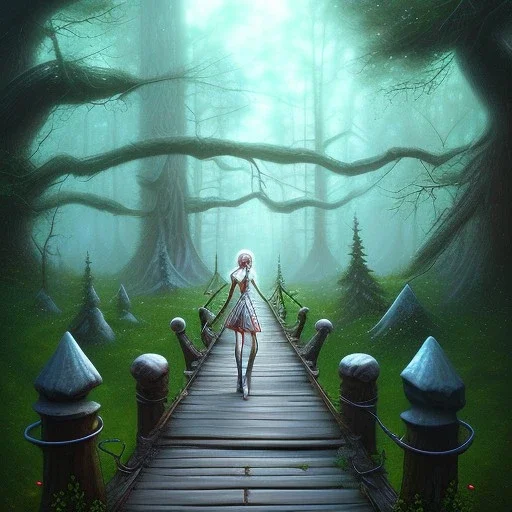 upper body of slender elf on wooden bridge in magical forest, spray painting, fantasy art book illustration