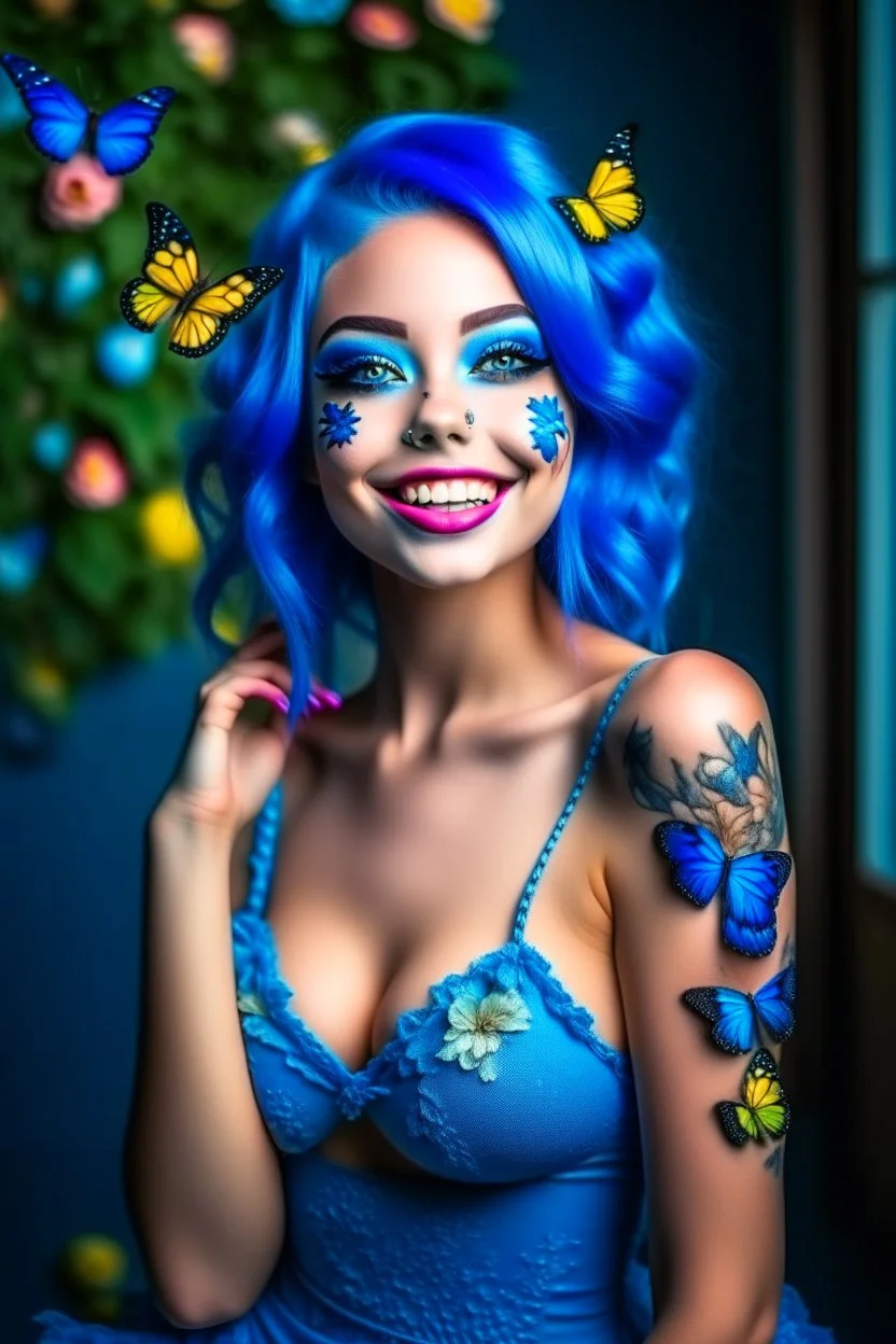 A very beautiful girl wearing nude makeup, smiling, with blue hair and flowers, wearing a dress of butterflies hd