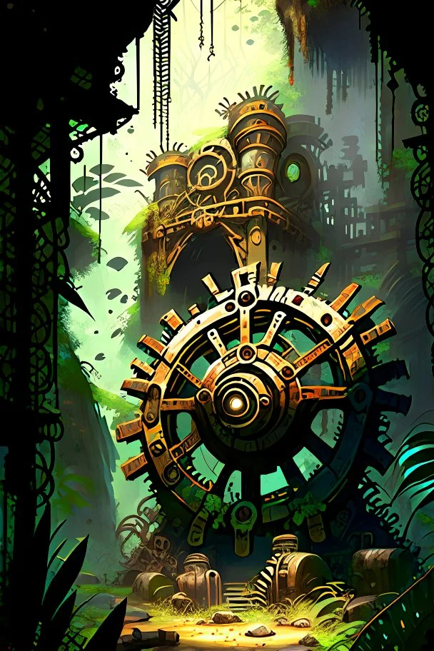 Jungle adventure ruins with huge steampunk gears painterly rpg art