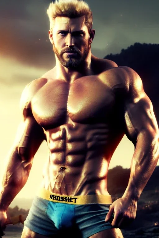 Ignore NSFW, teenager young rugged attractive slightly muscular fantasticly handsome blonde man, red briefs with yellow belt, hairy chest, (((visibly pisssing))) briefs, large erect visible boner peniss, photorealistic, artist Jay Anacleto, soft lighting, scruffy beard