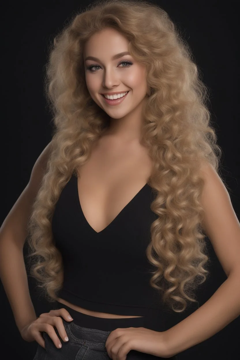 extremely tiny, thin, beautiful 21-year-old Sheena Greane with long, wavy curly blonde hair, wearing black tube top and cotton shorts, smiling a happy smile, extremely giant, oversized, humongous orbs, pitch black background, professional quality studio 35mm 8x10 uhd photograph,