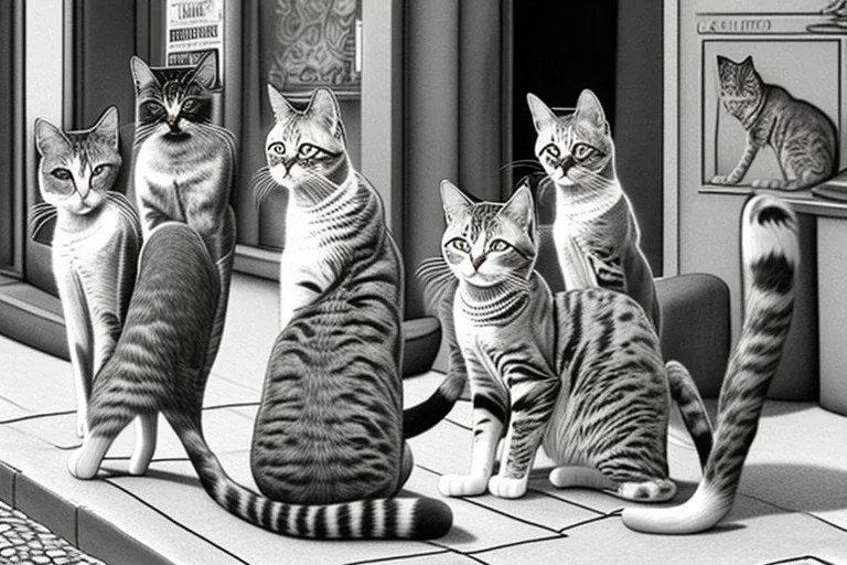 Mature cats are "The Beatles", playing music, street, Vienna, friendly, sunny day, model style, hyper realistic, extremely accurate, delicate, extremely detailed, Graphic novel style, wide-angle, open aperture, superfine pencil