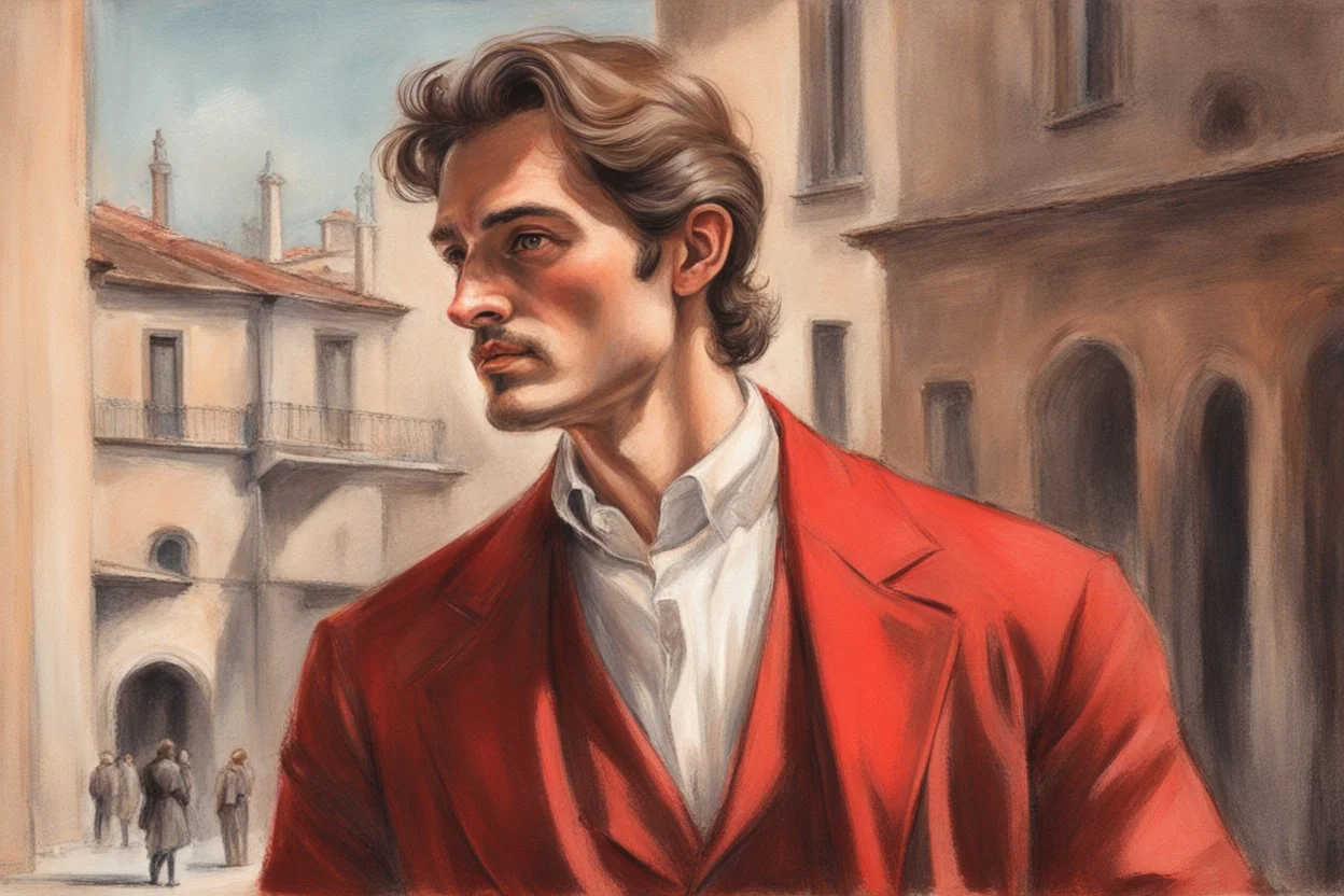 elegant handsome brown haired man in firenze in red costume in sunshine, shading pastel and charcoal