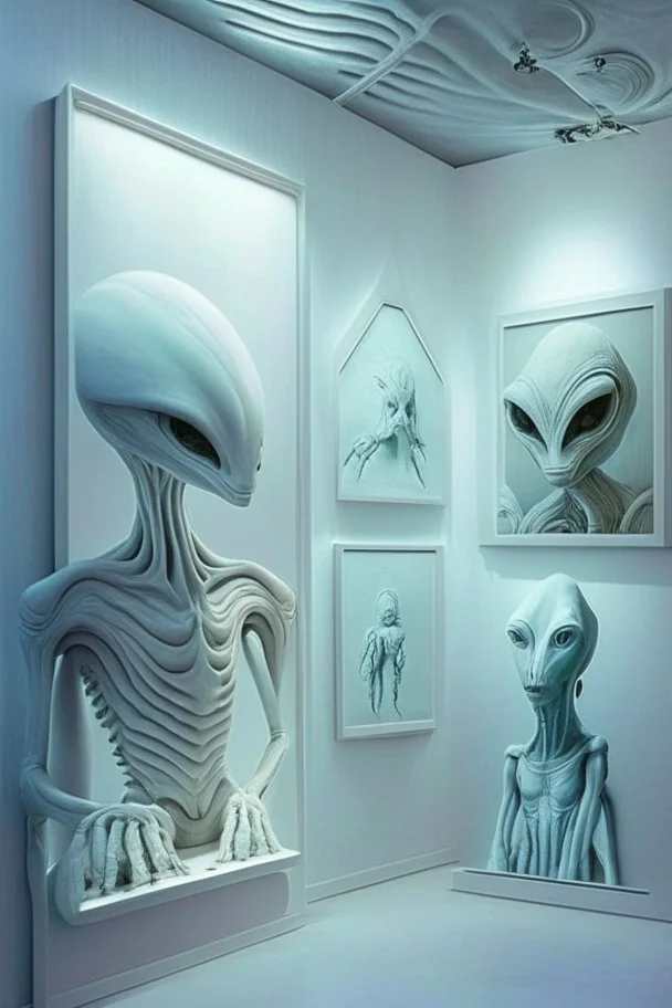 Alien Museum The color of the wall is white and there are more than one painting of aliens