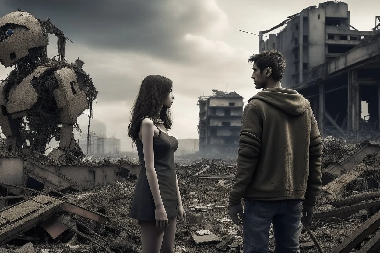 couple, android and woman, in the background an abandoned and destroyed city