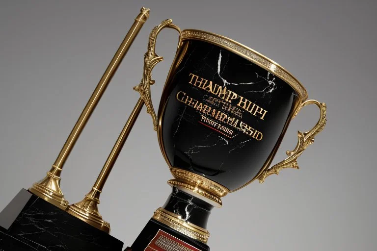 The trophy stands about 12 inches tall, and the base is a shiny, black marble pedestal with a silver plate on it, bearing the inscription "Champion's Triumph" in bold, elegant letters.