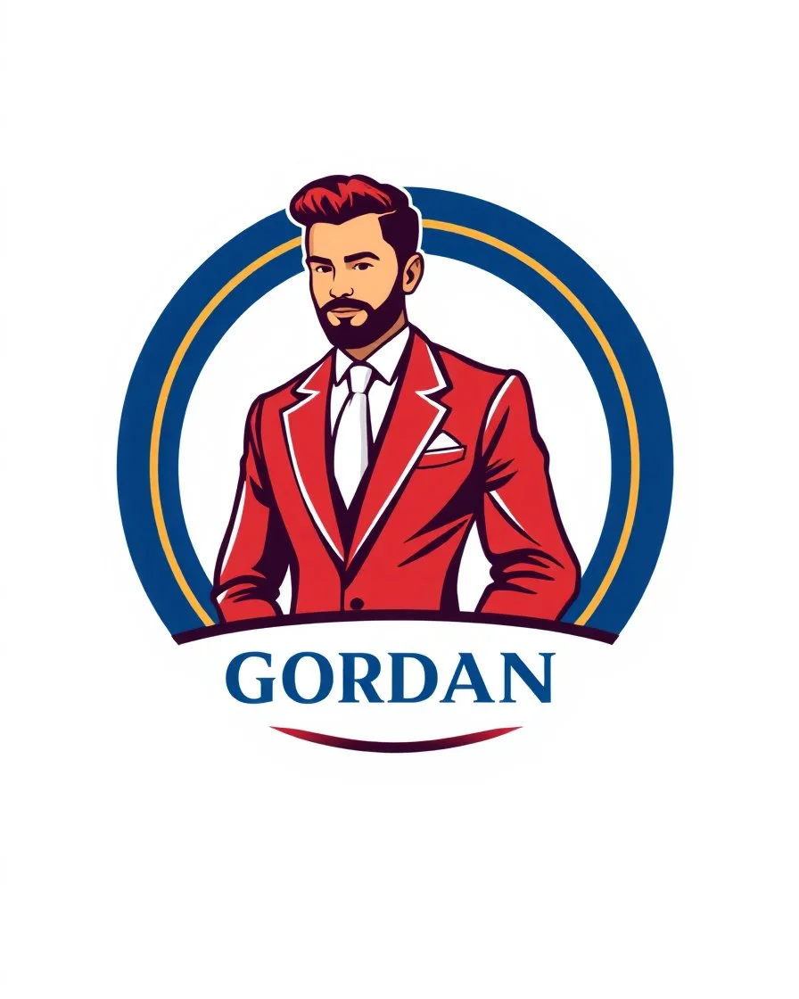 A circular logo with a vector of a groom in a suit at the top of the logo in a blue, red, white and gold color theme.