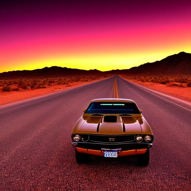 muscle car, desert road, sunset, full colour,